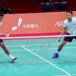 Ganda putra Indonesia beraksi pada nomor beregu putra Asian Games 2026 di Aichi, Jepang
