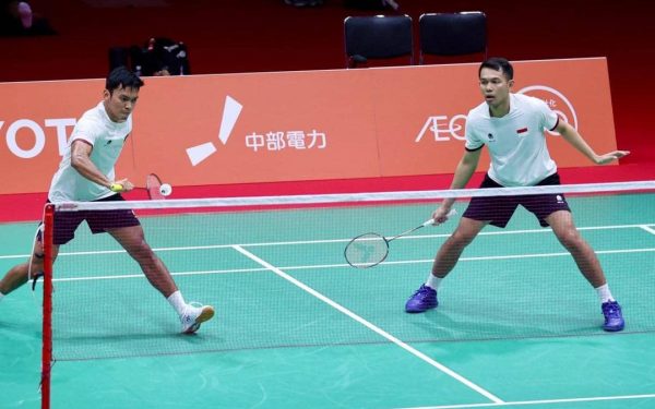 Ganda putra Indonesia beraksi pada nomor beregu putra Asian Games 2026 di Aichi, Jepang