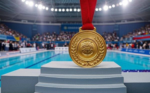 Medali emas Asian Games 2026 tergantung di podium arena akuatik — rekap hasil final Asian Games 2026 hari ini, Selasa 22 September 2026