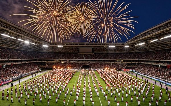 Upacara pembukaan Asian Games 2026 dengan kembang api dan formasi merah putih di stadion