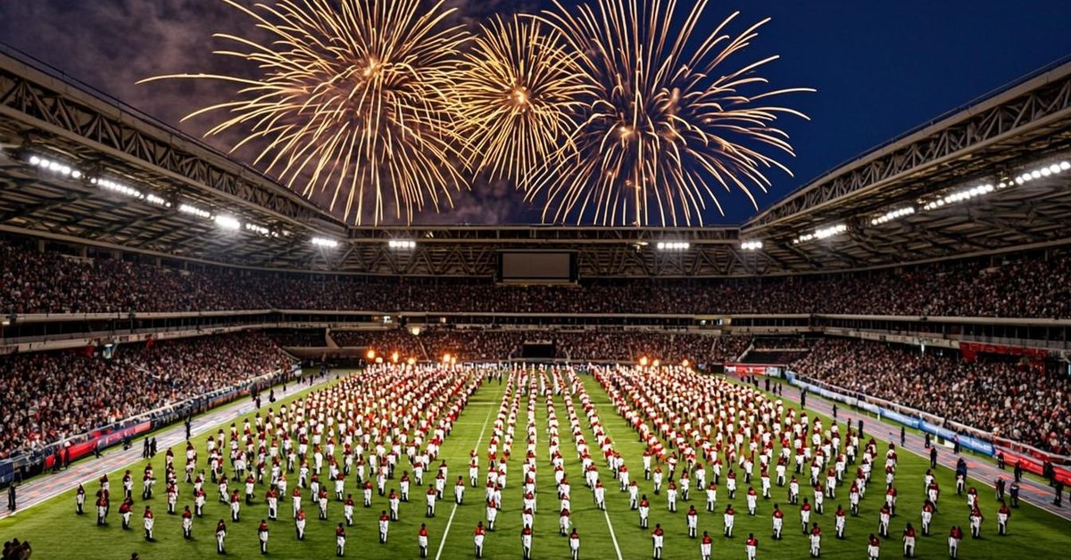 Upacara pembukaan Asian Games 2026 dengan kembang api dan formasi merah putih di stadion