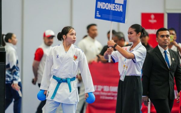Leica Al Humaira Lubis tampil di nomor kumite +68kg putri karate Asian Games 2026 di Toyohashi Gymnasium, Nagoya