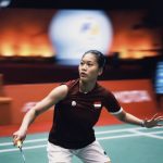 Foto aksi Putri Kusuma Wardani pada semifinal tim putri badminton Asian Games 2026 Indonesia vs China di Ichinomiya City Municipal Gymnasium