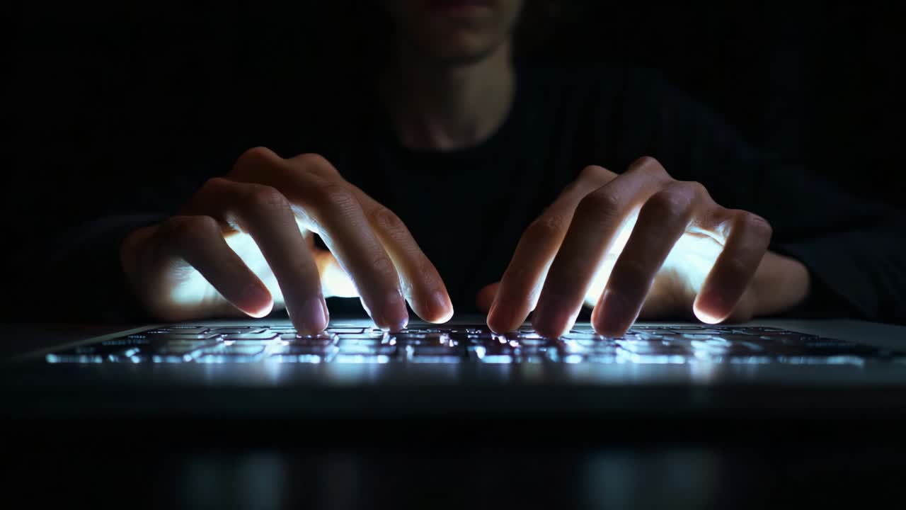 Tangan mengetik pada keyboard menyala di ruang gelap