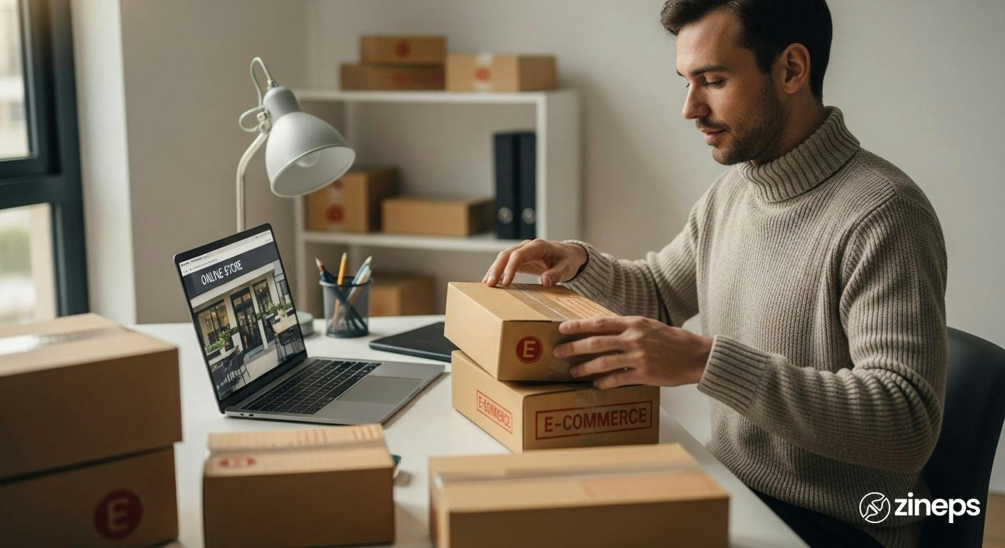 Seseorang merapikan paket belanjaan online di rumah