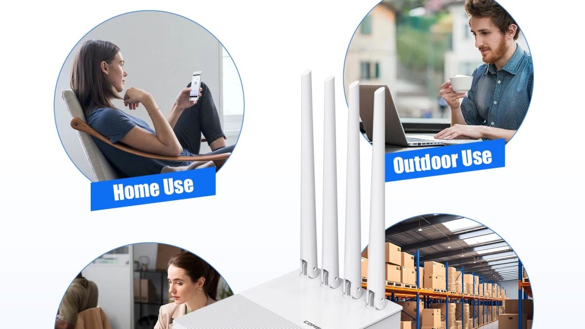 Perangkat router WiFi di atas rak rumah