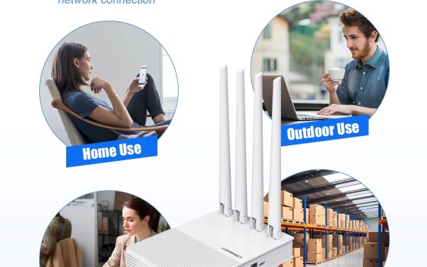 Perangkat router WiFi di atas rak rumah