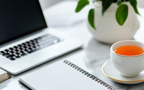 Buku jadwal harian dan cangkir teh di meja kerja