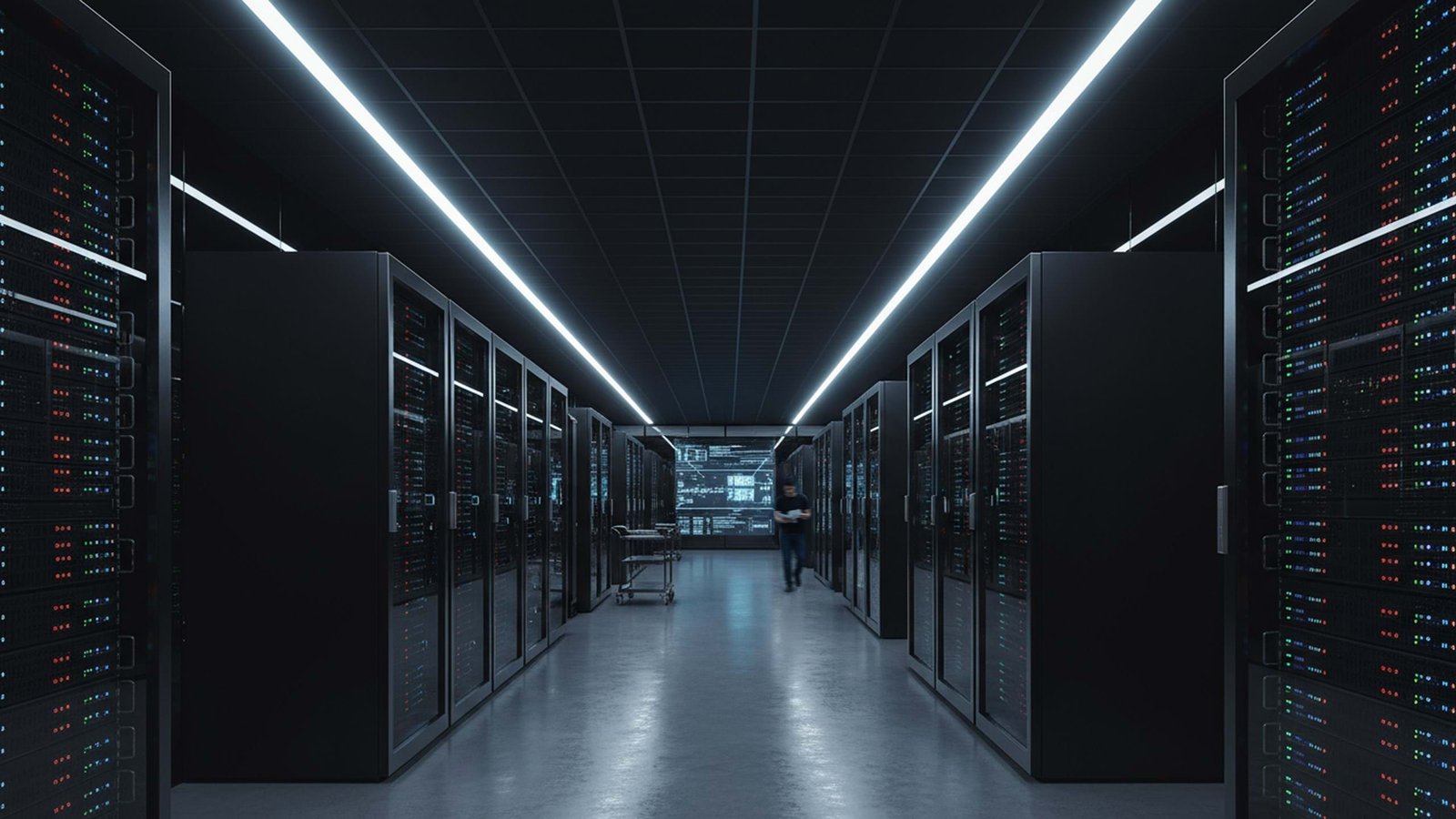 Koridor rak server menyala di pusat data