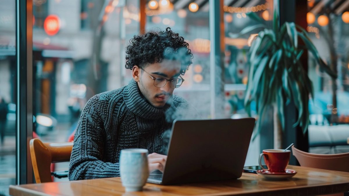 Freelancer bekerja dengan laptop di kafe sambil minum kopi