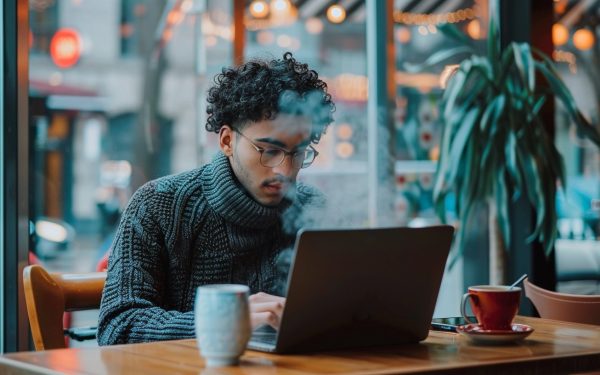 Freelancer bekerja dengan laptop di kafe sambil minum kopi