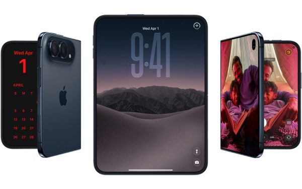 iPhone Duo ponsel lipat Apple dalam tiga posisi terbuka dan tertutup
