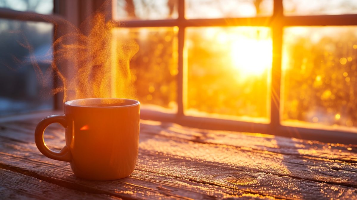Secangkir kopi di dekat jendela saat pagi