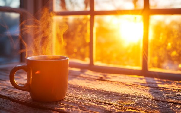 Secangkir kopi di dekat jendela saat pagi