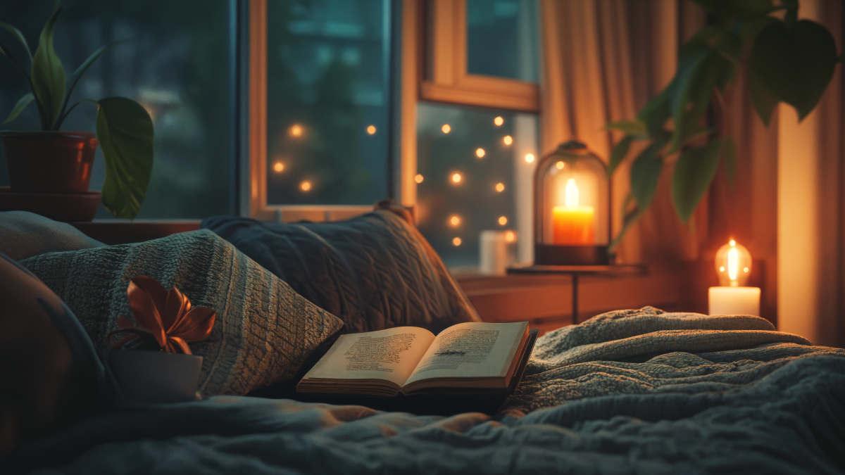 Suasana kamar tidur malam hari dengan lilin menyala dan buku di atas tempat tidur