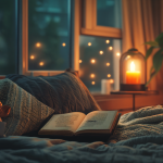 Suasana kamar tidur malam hari dengan lilin menyala dan buku di atas tempat tidur