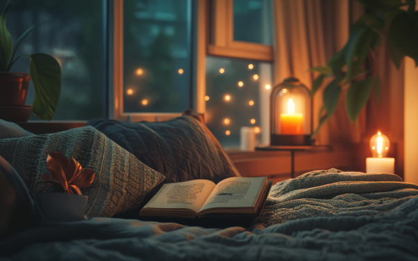 Suasana kamar tidur malam hari dengan lilin menyala dan buku di atas tempat tidur