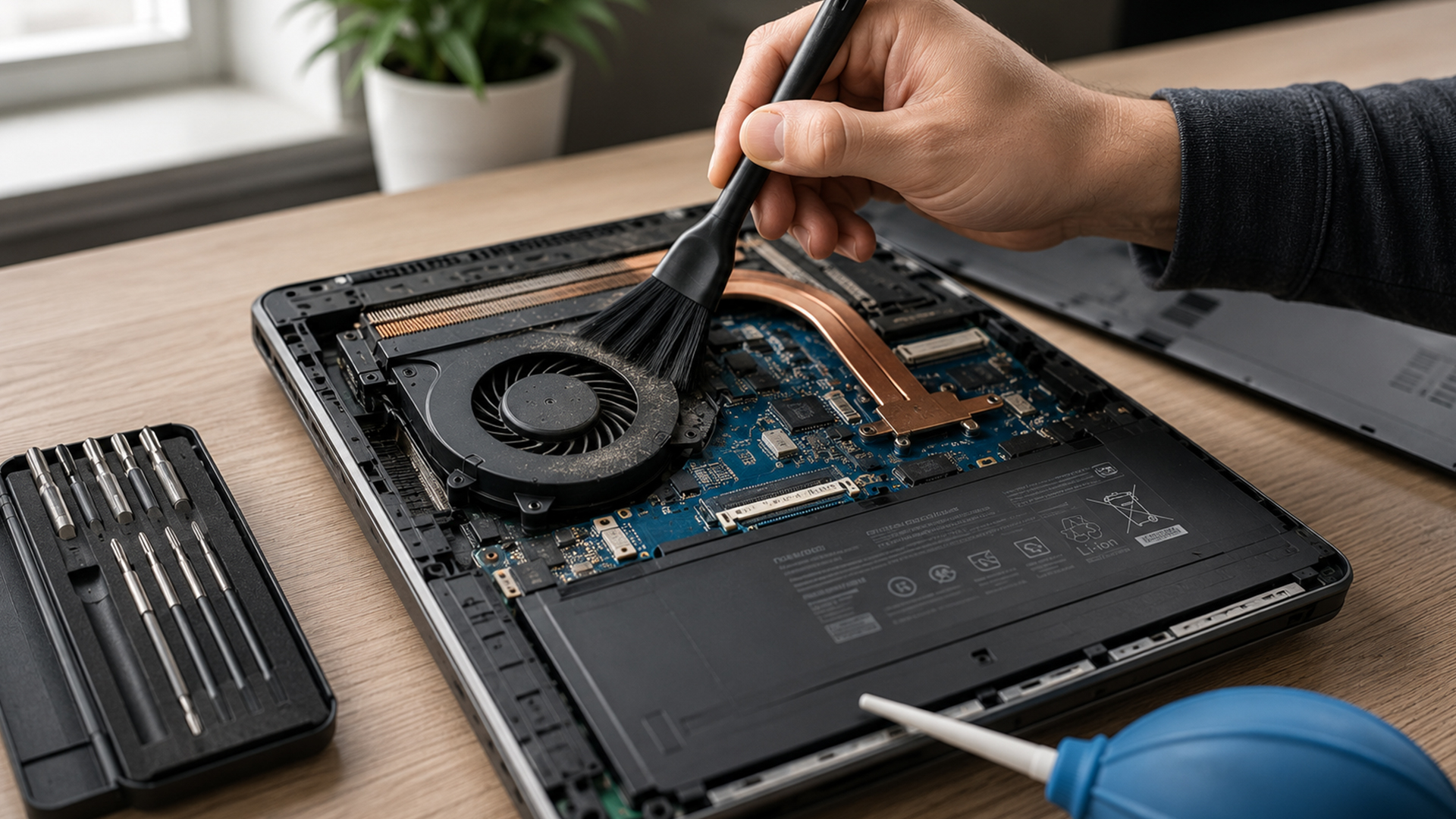 Membersihkan kipas laptop dengan kuas saat servis