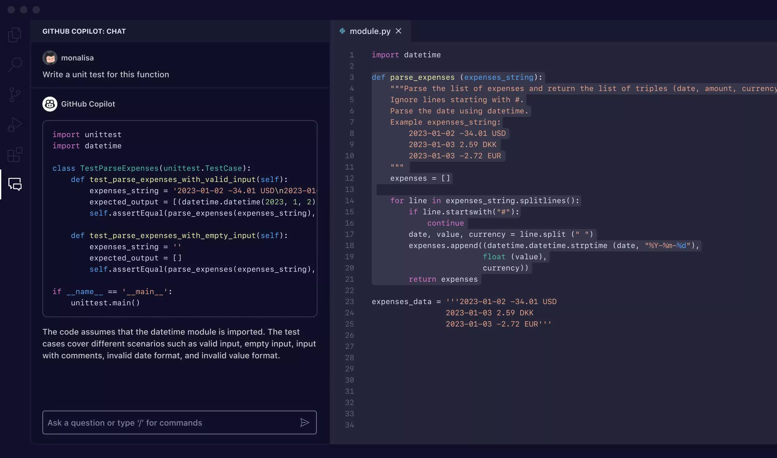 Tangkapan layar editor kode dengan panel GitHub Copilot terbuka di sisi editor