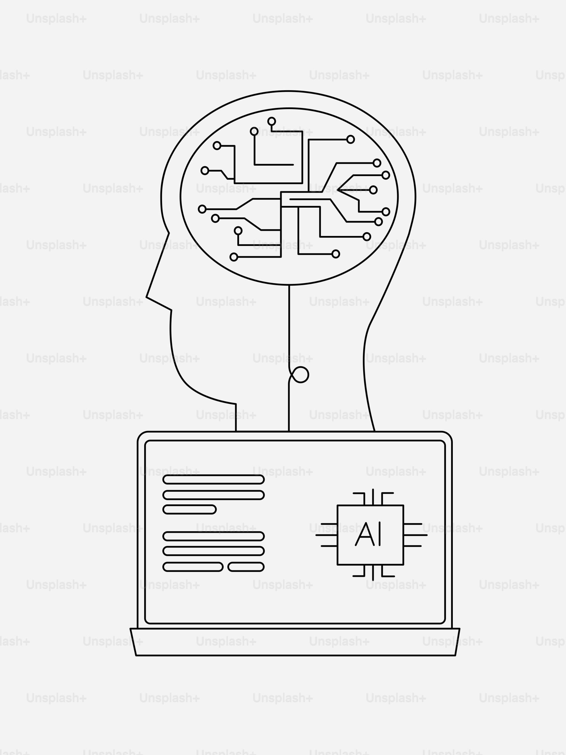 Ilustrasi kepala manusia bergaya garis dengan sirkuit otak terhubung ke laptop berchip AI