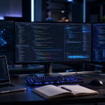 Meja kerja programmer gelap dengan laptop dan tiga monitor berisi kode serta grafik data