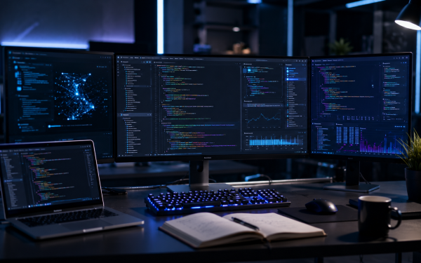 Meja kerja programmer gelap dengan laptop dan tiga monitor berisi kode serta grafik data