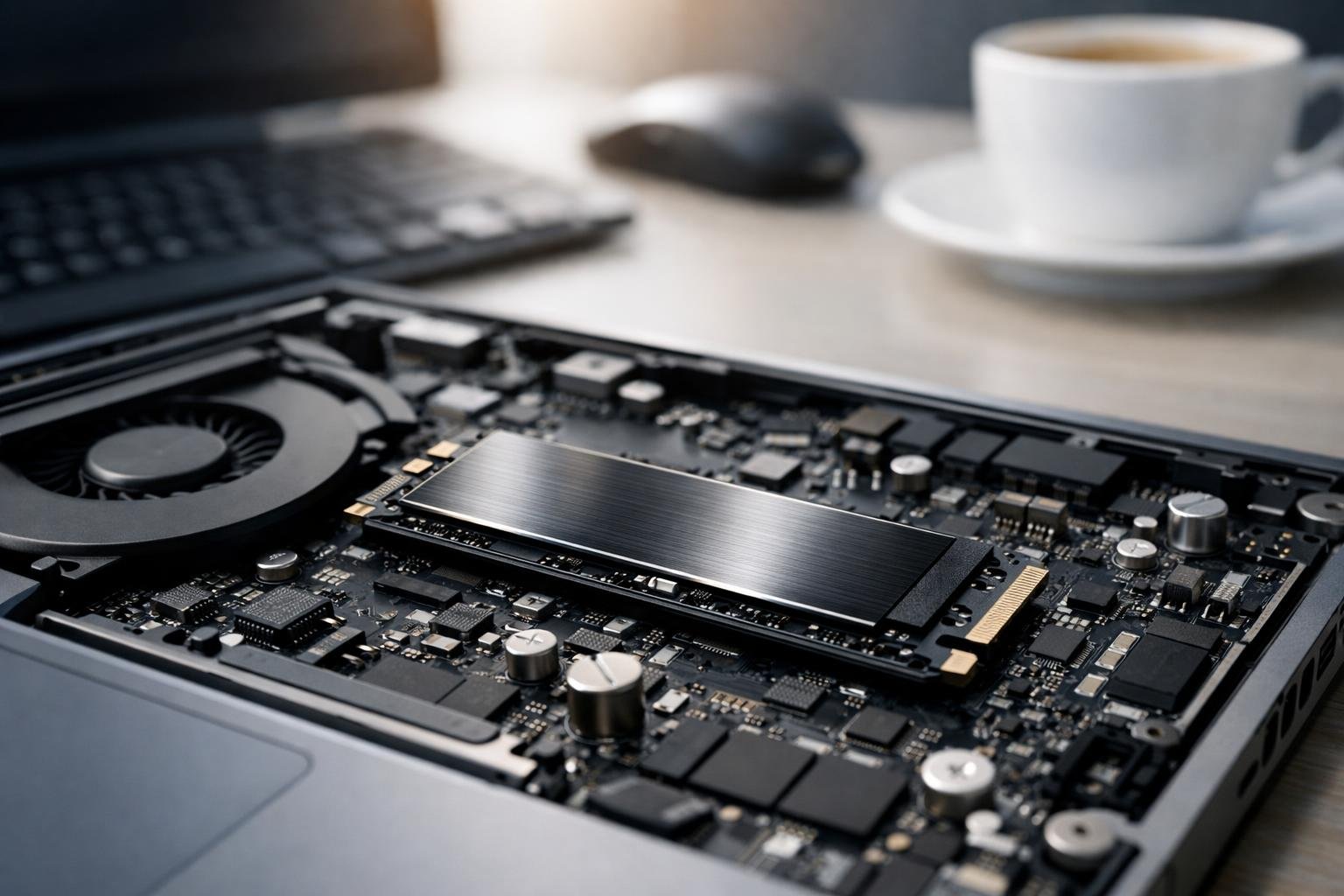 Drive SSD NVMe terpasang di papan laptop