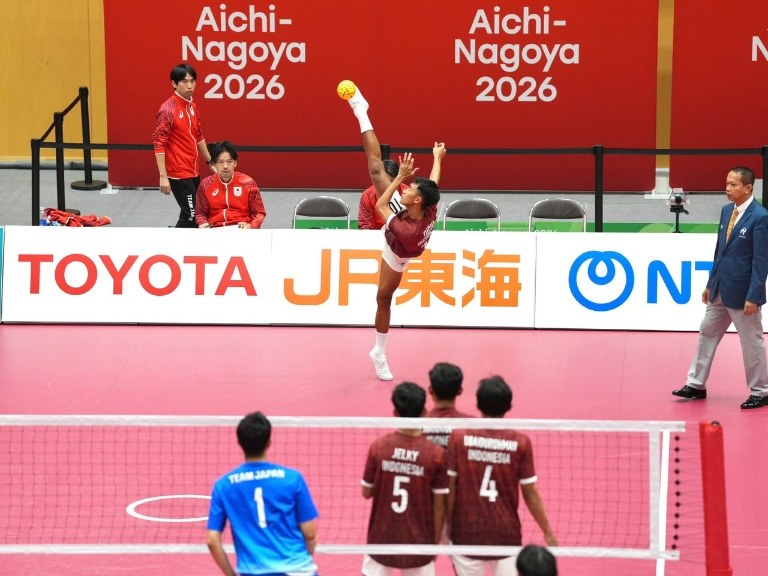 Aksi final sepak takraw kuadran putra Indonesia vs Jepang Asian Games 2026