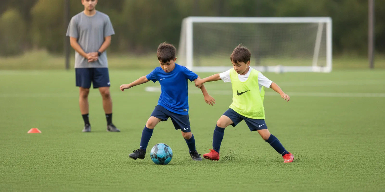 Dua pemain sepak bola remaja berebut bola ditemani pelatih di lapangan hijau