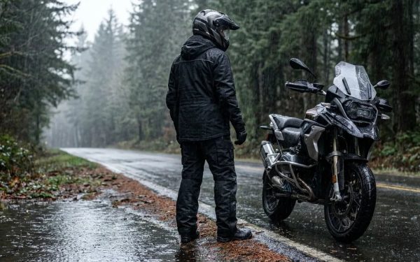 Pengendara motor dengan jas hujan melintasi jalan basah