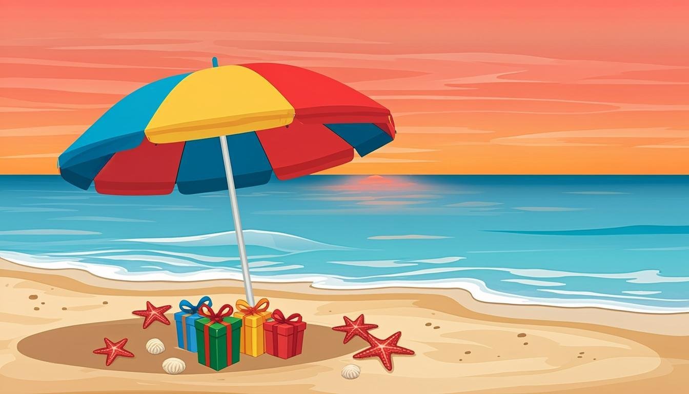 Ilustrasi payung pantai dan kado promo liburan