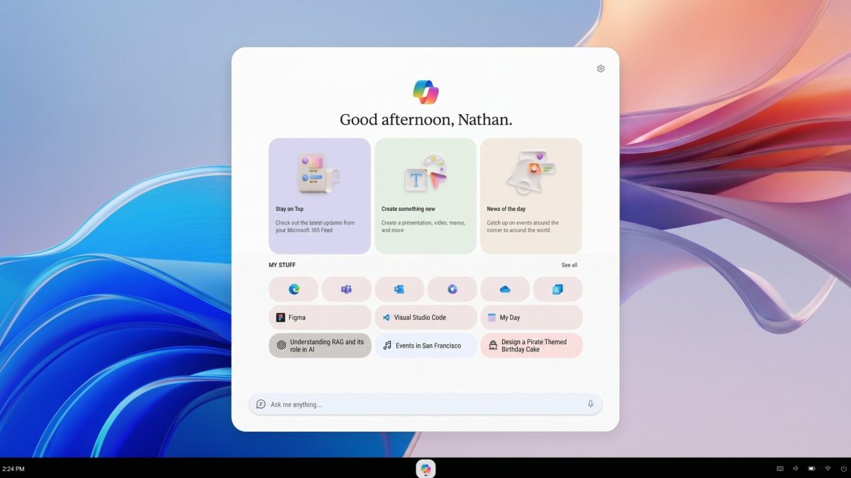 Panel asisten Copilot tampil di desktop Windows 11